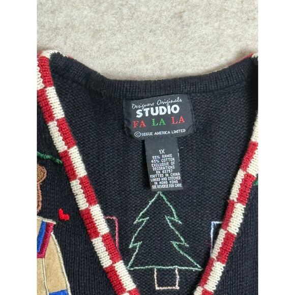 Americana Christmas Sweater Vest Black Vtg Plus 1X Country Santa Bear Snowman - Picture 2 of 9